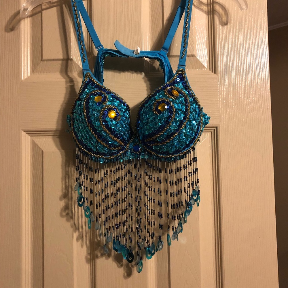 Blue Sequin Tassel Bra Top: Mardi Gras Halloween